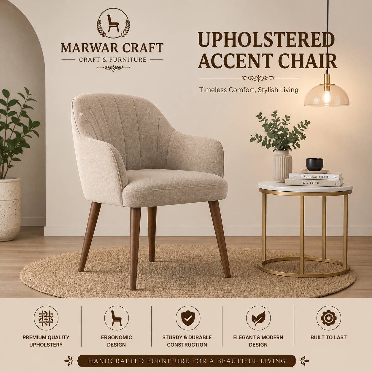 Marwar Craft Upholstered Accent Chair | Premium Fabric Lounge Chair with Solid Wood Legs