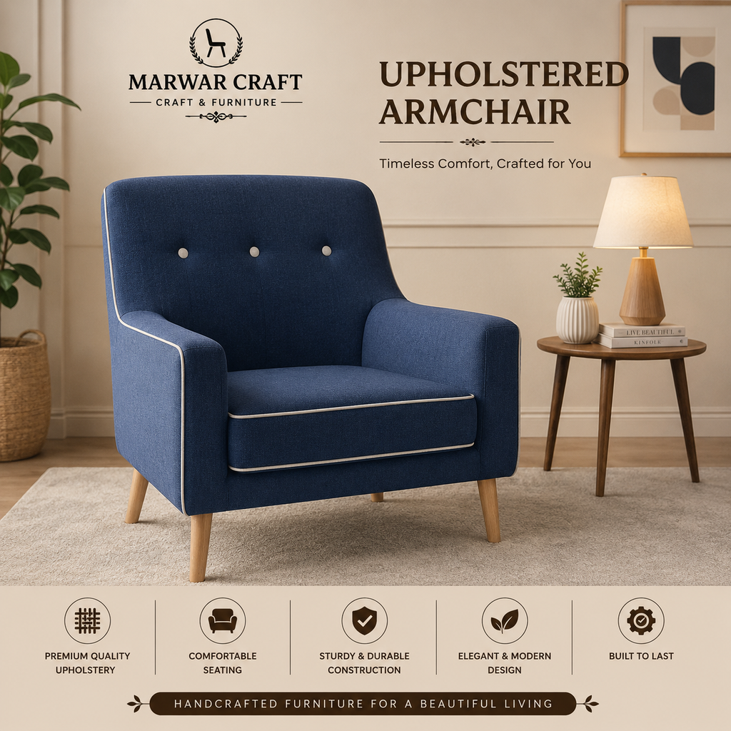 Marwar Craft Upholstered Armchair | Premium Fabric Lounge Chair with Solid Wood Legs