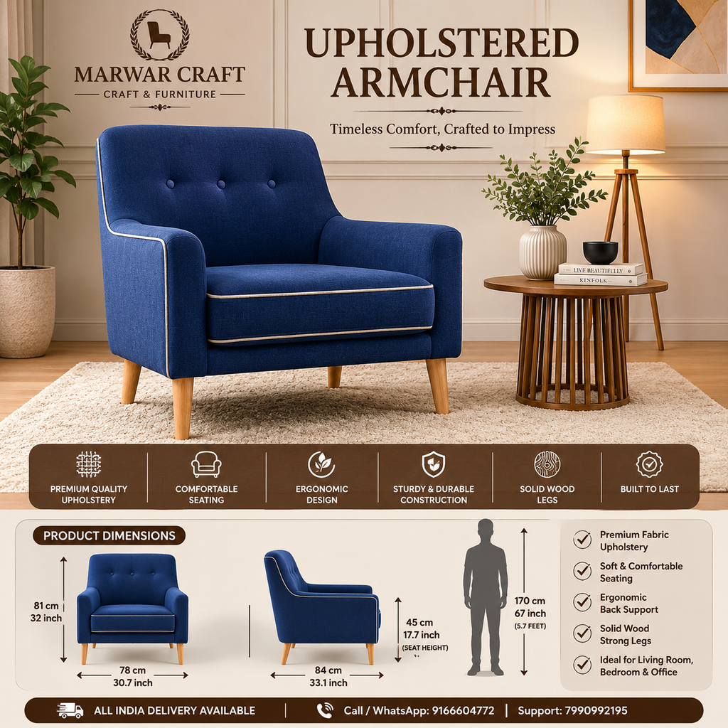 Marwar Craft Upholstered Armchair | Premium Fabric Lounge Chair with Solid Wood Legs