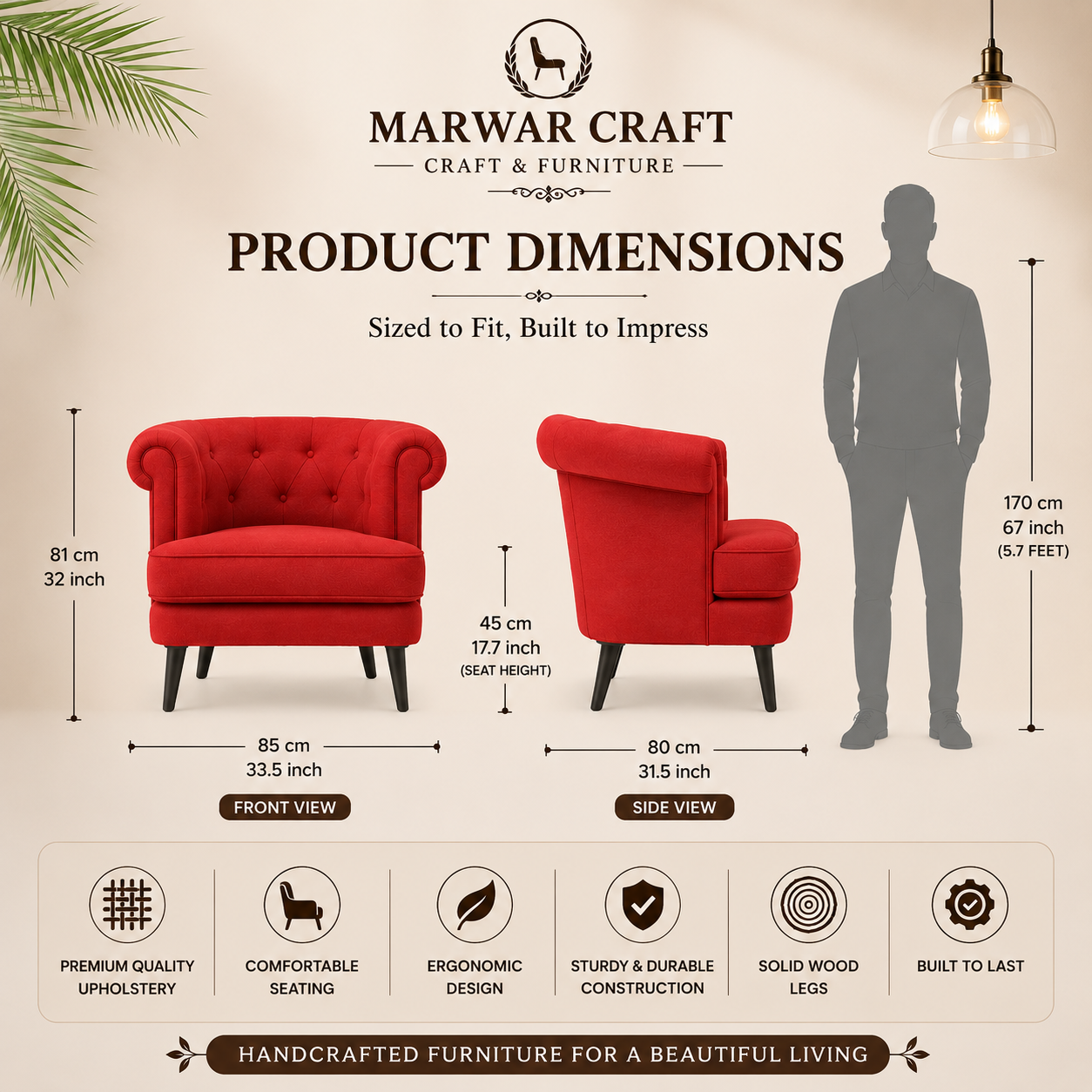 Marwar Craft Chesterfield Upholstered Armchair | Premium Fabric Lounge Chair with Solid Wood Legs