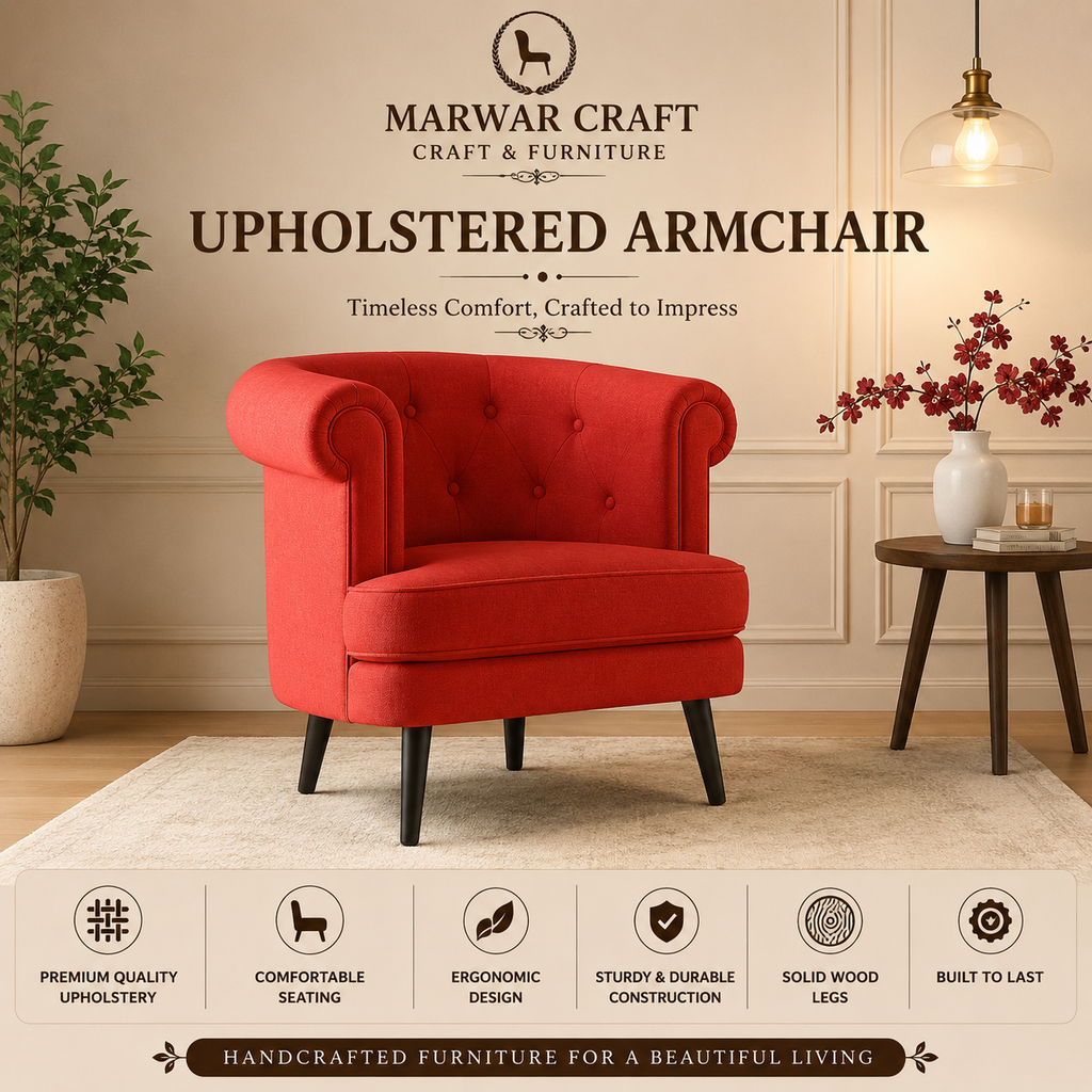 Marwar Craft Chesterfield Upholstered Armchair | Premium Fabric Lounge Chair with Solid Wood Legs