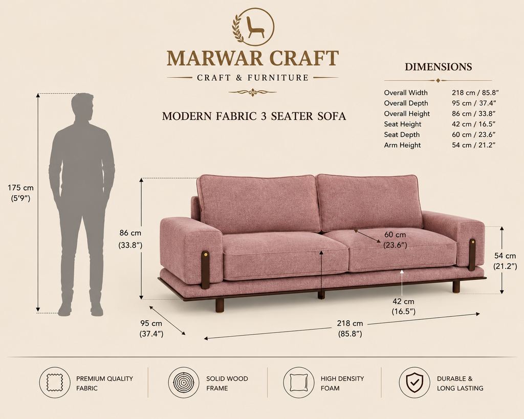 The Iris Mauve Sofa – Premium Custom Fabric 3-Seater Couch with Accent Wooden Base &amp; Straps