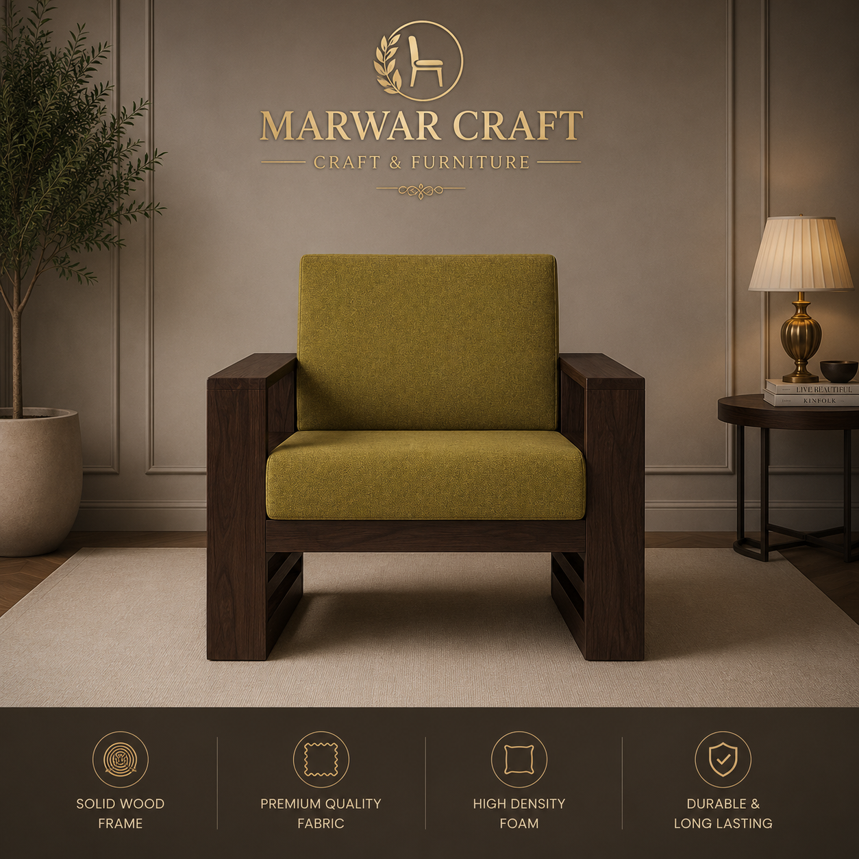 The Kubis Solid Wood Armchair – Premium Single Seater Lounge Chair with Olive Green Fabric