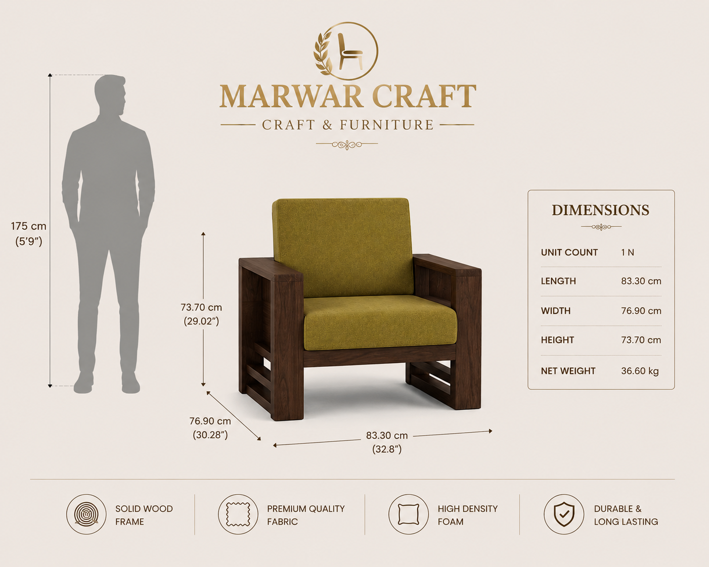 The Kubis Solid Wood Armchair – Premium Single Seater Lounge Chair with Olive Green Fabric