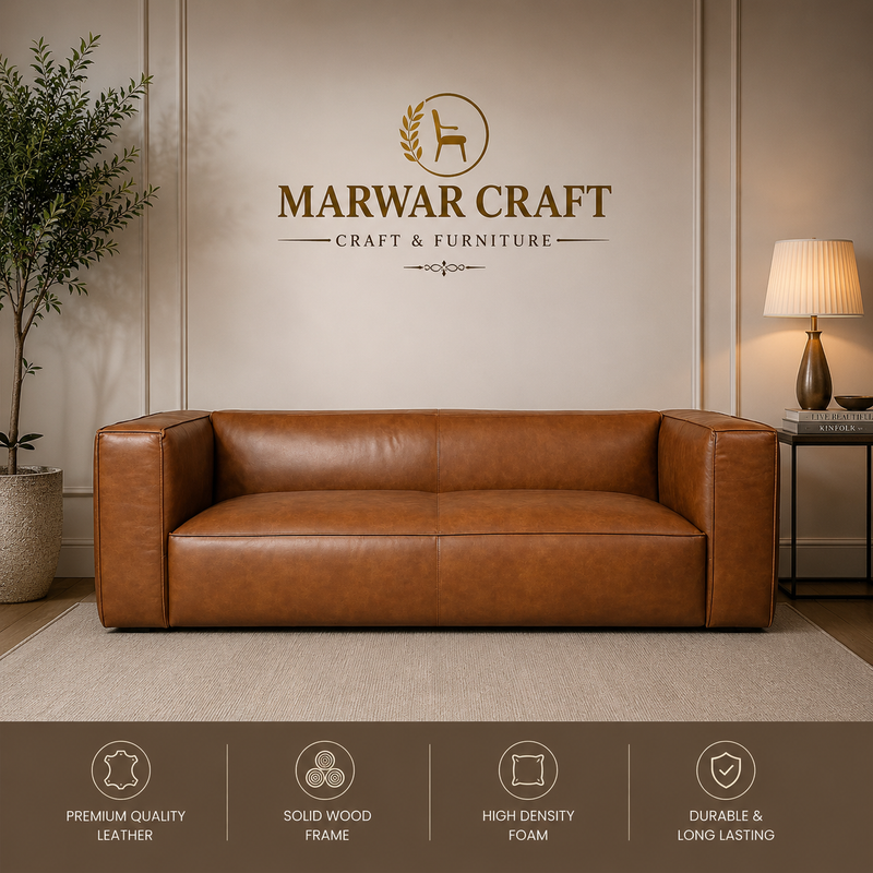 The Cube Grand Tan Leather Sofa – Modern Minimalist 3-Seater Box Couch with High-Density Foam