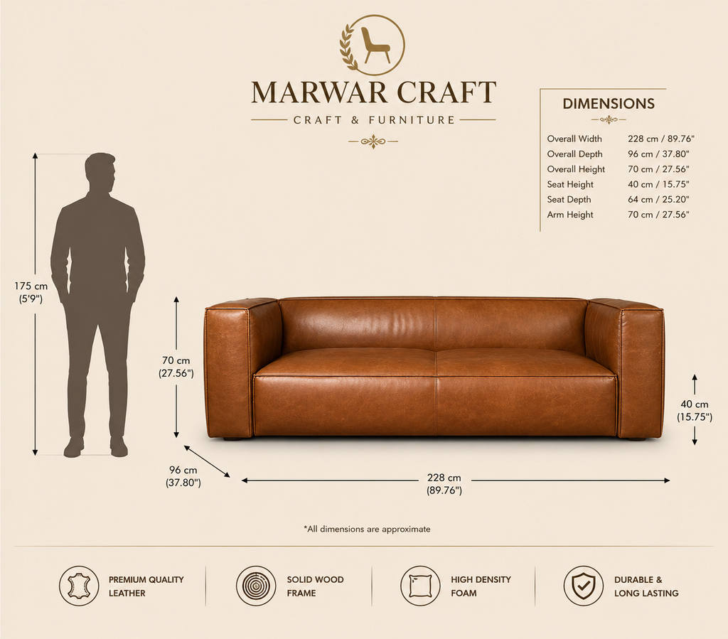 The Cube Grand Tan Leather Sofa – Modern Minimalist 3-Seater Box Couch with High-Density Foam
