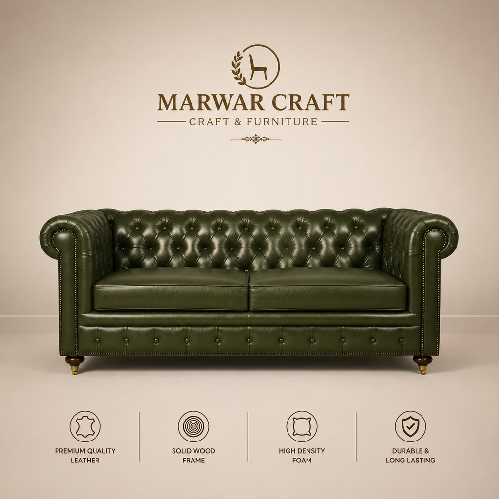 The Emerald Chesterfield Sofa – Premium Tufted Olive Green Leather 3-Seater Couch