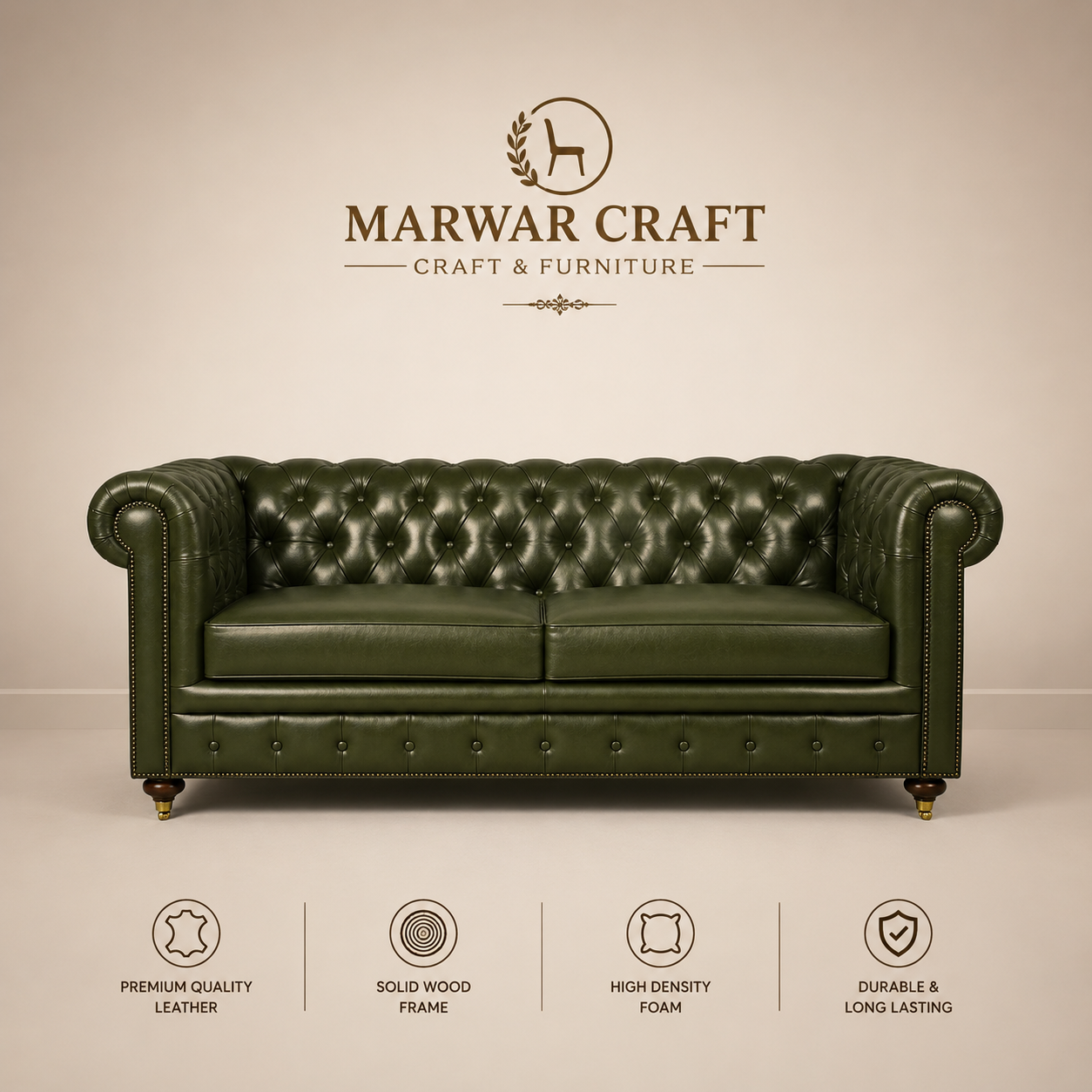 The Emerald Chesterfield Sofa – Premium Tufted Olive Green Leather 3-Seater Couch