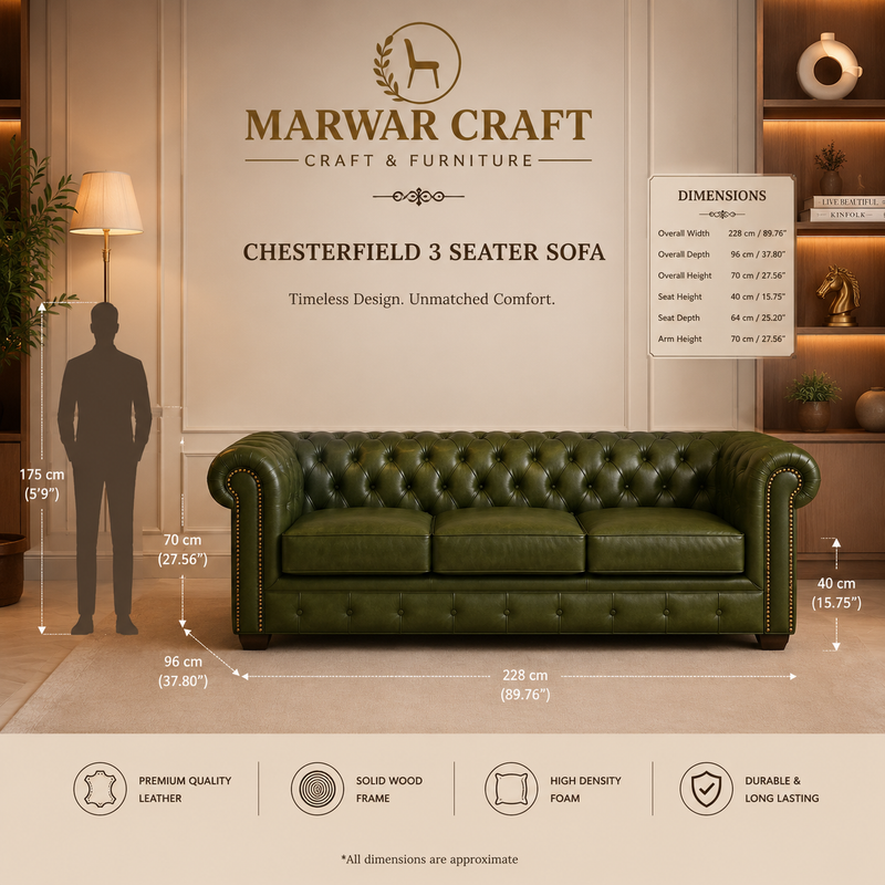The Emerald Chesterfield Sofa – Premium Tufted Olive Green Leather 3-Seater Couch