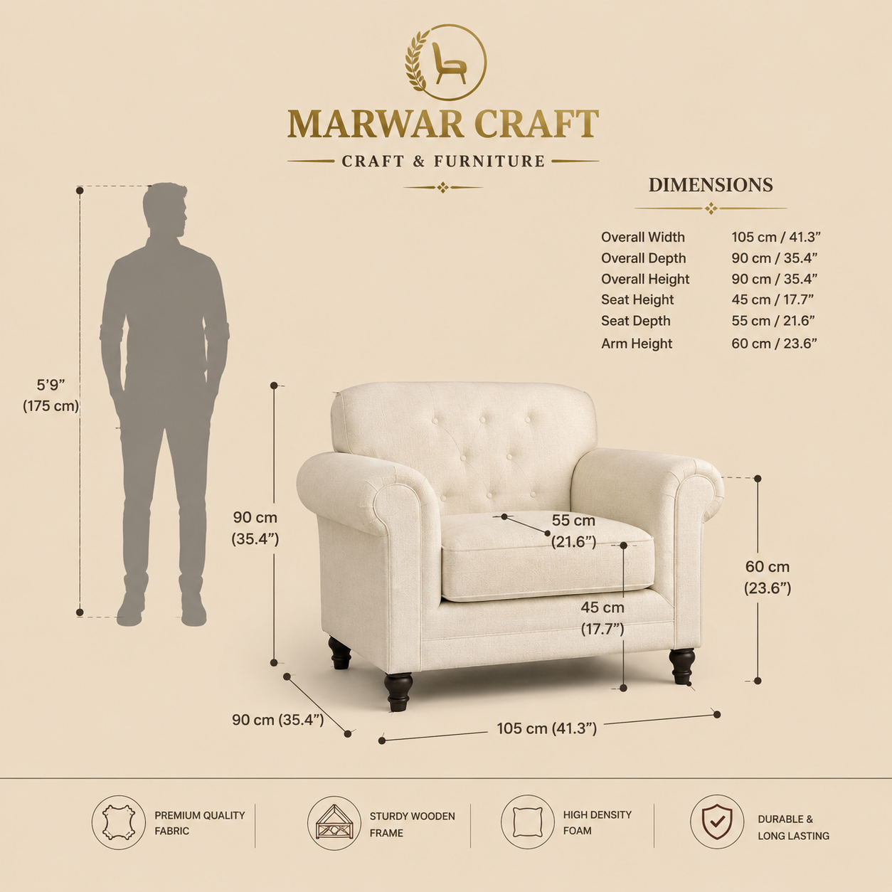 The Classic Rolled-Arm Lounge Chair – Premium Cream Fabric Single Seater Accent Armchair