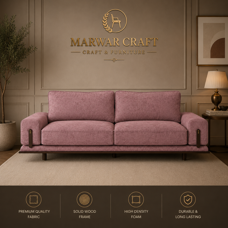 The Iris Mauve Sofa – Premium Custom Fabric 3-Seater Couch with Accent Wooden Base & Straps