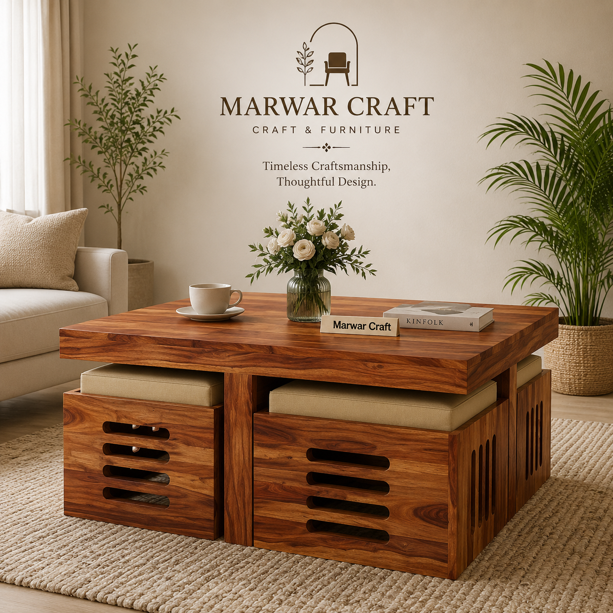 Petlin Sheesham Wood Coffee Table with 4 Seating Stools (Honey Finish) - Marwar Craft & Furiniture