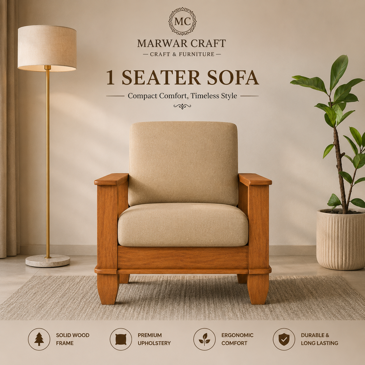 The Heritage Wooden Armchair – Premium Single Seater Sofa Lounge Chair with Solid Timber Frame