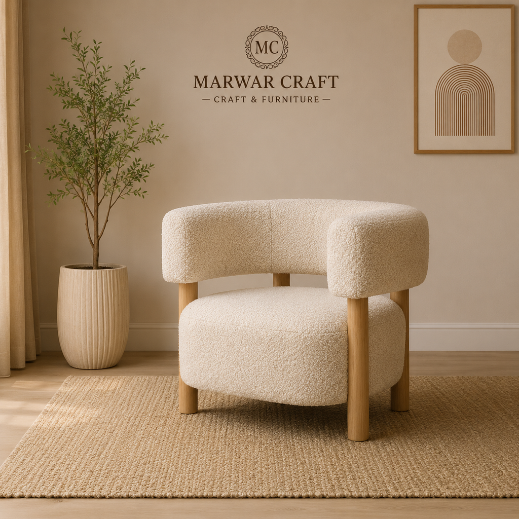 The Arc Elegance Curved Sofa – Premium Boucle 3-Seater Couch with Exposed Wooden Pillar Legs