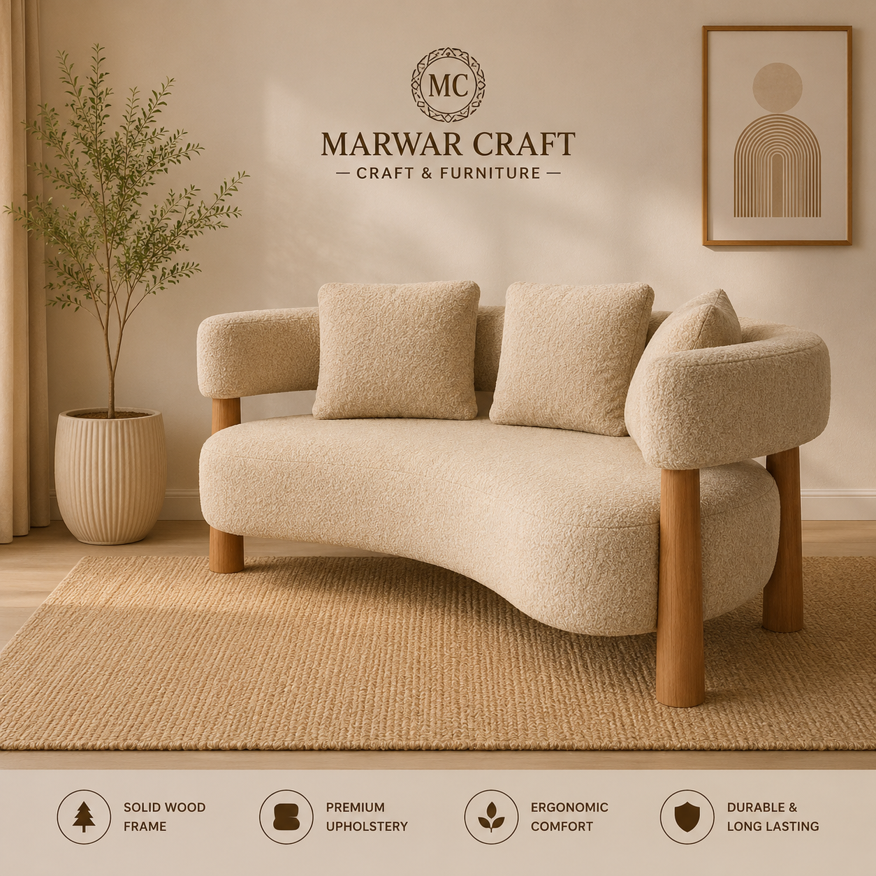 The Arc Elegance Curved Sofa – Premium Boucle 3-Seater Couch with Exposed Wooden Pillar Legs