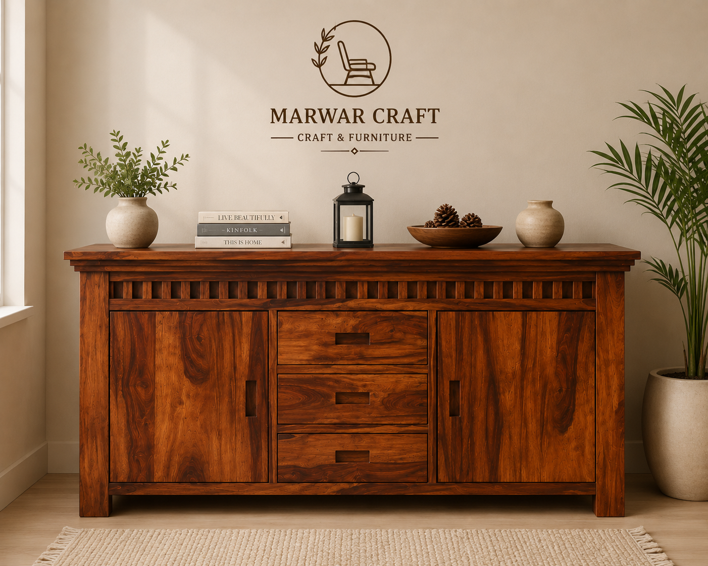 Adolph  Sheesham Wood Sideboard and Cabinet (Honey Finish) - Marwar Craft & Furniture