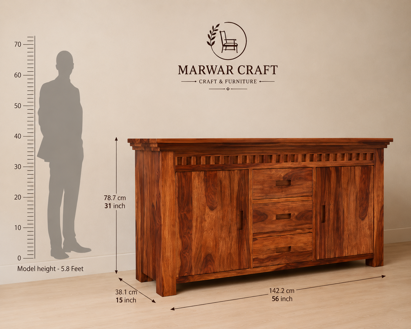 Adolph  Sheesham Wood Sideboard and Cabinet (Honey Finish) - Marwar Craft & Furniture