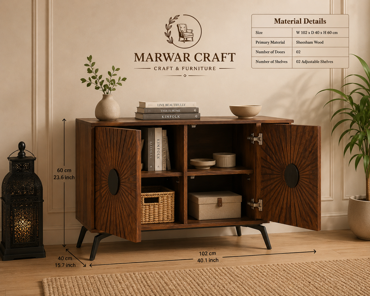 Greece Premium Look Wooden Sideboard Cabinet 2 Doors - Marwar Craft & Furniture