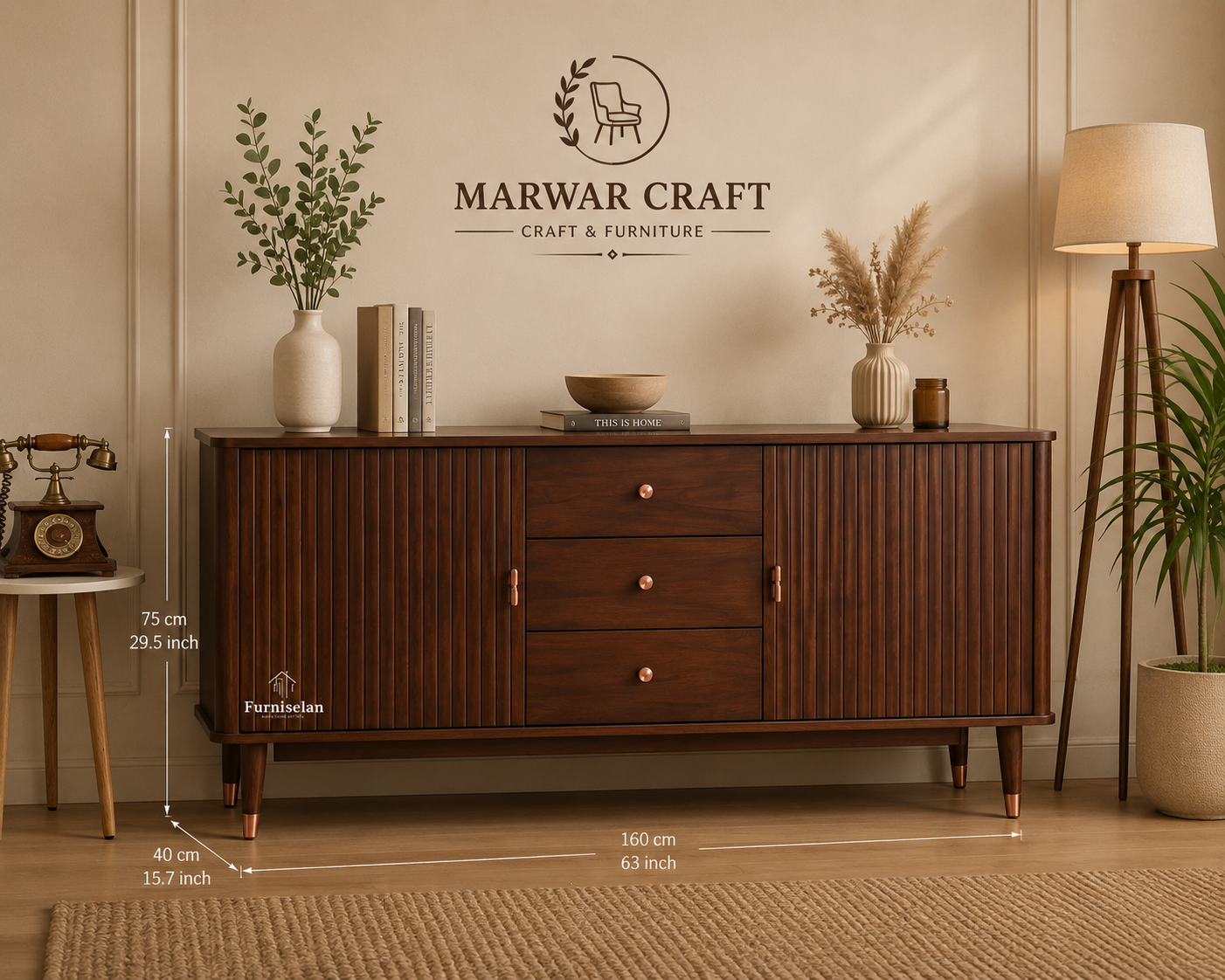 Eiffel Solid Wood Sideboard Cabinet Two Doors and Three Drawers - Marwar Craft & Furniture