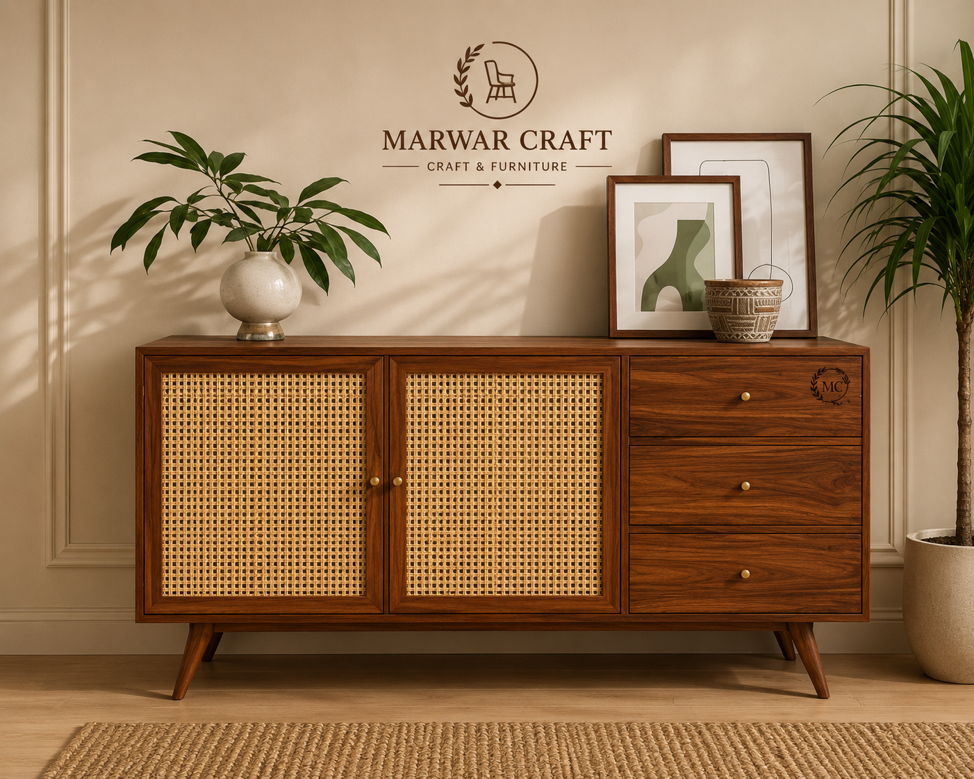 Piero Wooden Cane Door Sideboard - Marwar Craft & Furniture