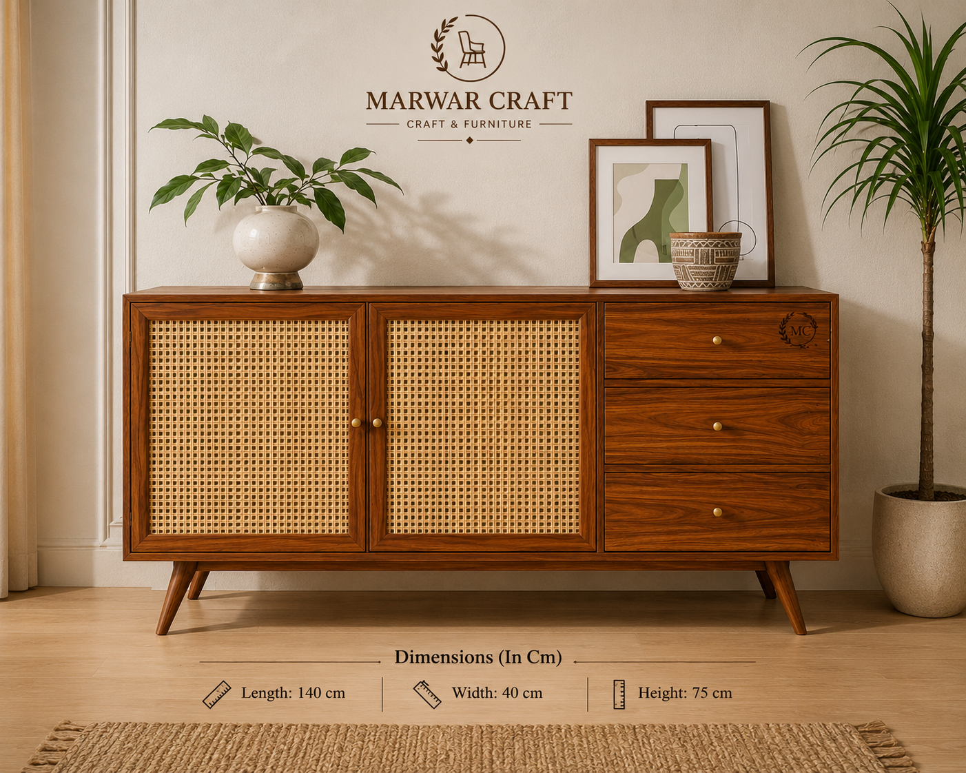 Piero Wooden Cane Door Sideboard - Marwar Craft & Furniture