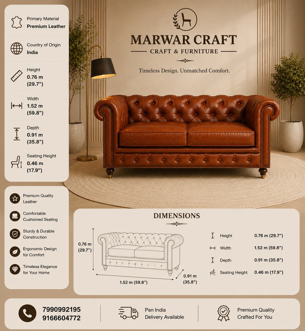 The Windsor Grand Chesterfield – Premium Tan Leather 3-Seater Sofa with Deep Diamond Tufting