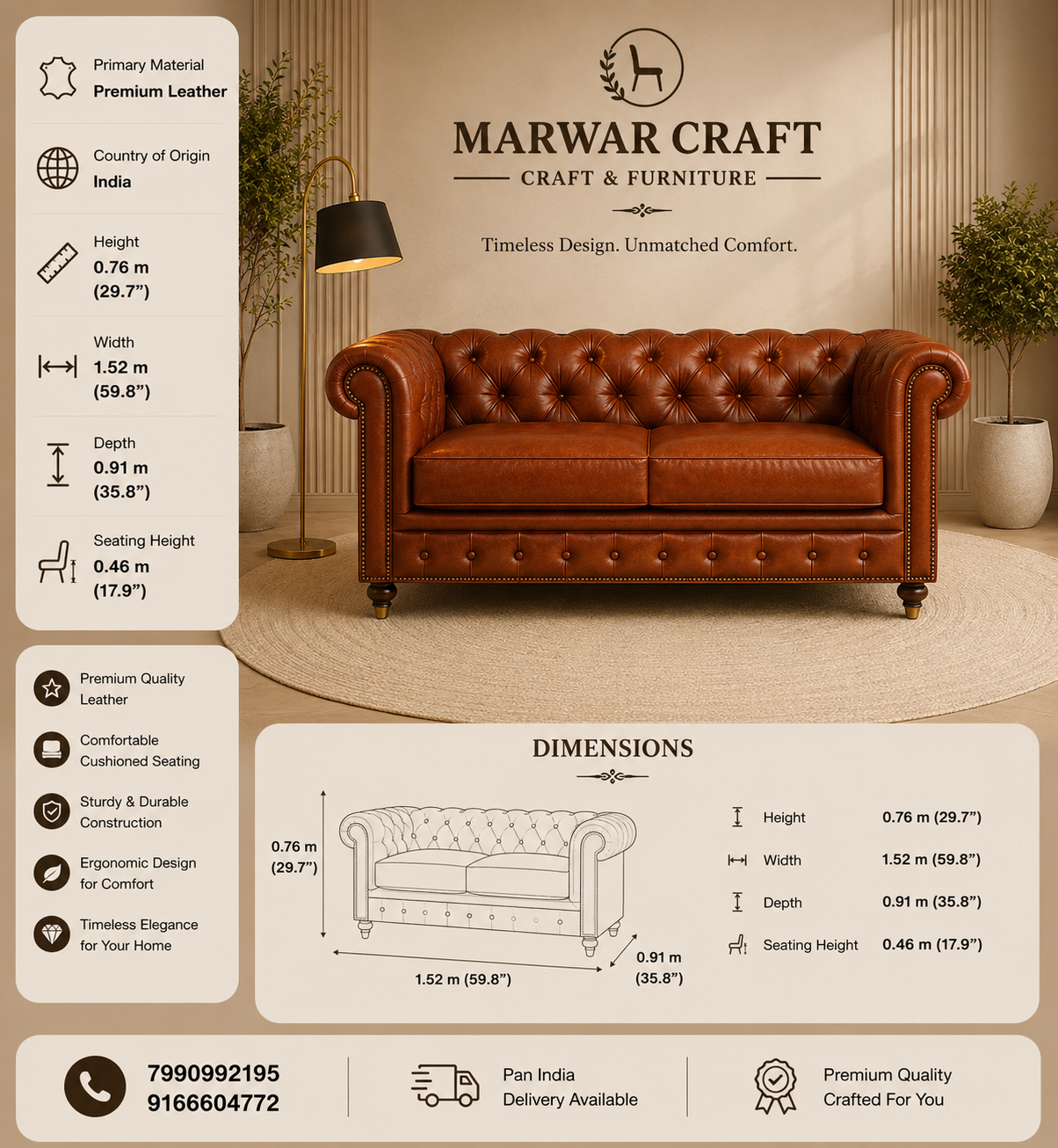 The Windsor Grand Chesterfield – Premium Tan Leather 3-Seater Sofa with Deep Diamond Tufting