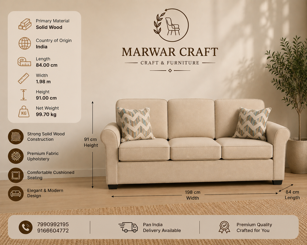 The Palermo Classic Comfort – Premium Cream Fabric 3-Seater Living Room Sofa