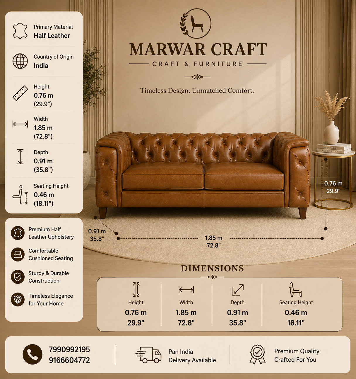 The Verona Grande Bench – Premium Tan Leather Accent Bench with Solid Wood Frame