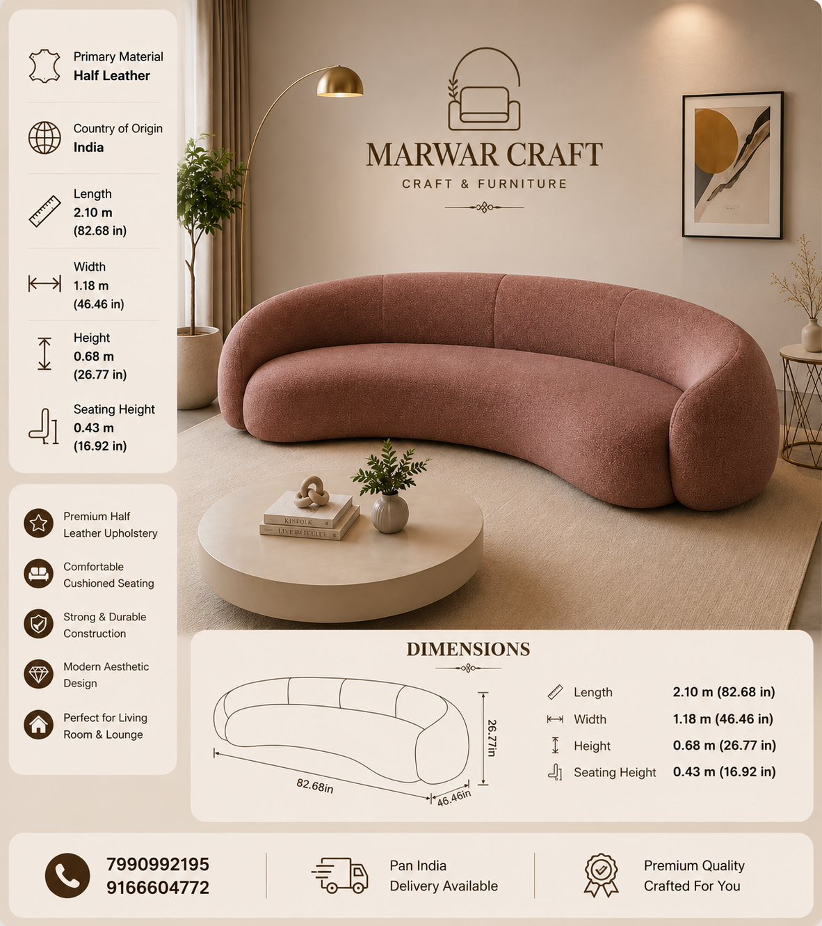 The Serene Arc Curved Sofa – Premium Dusty Pink Bouclé Organic Lounge Couch