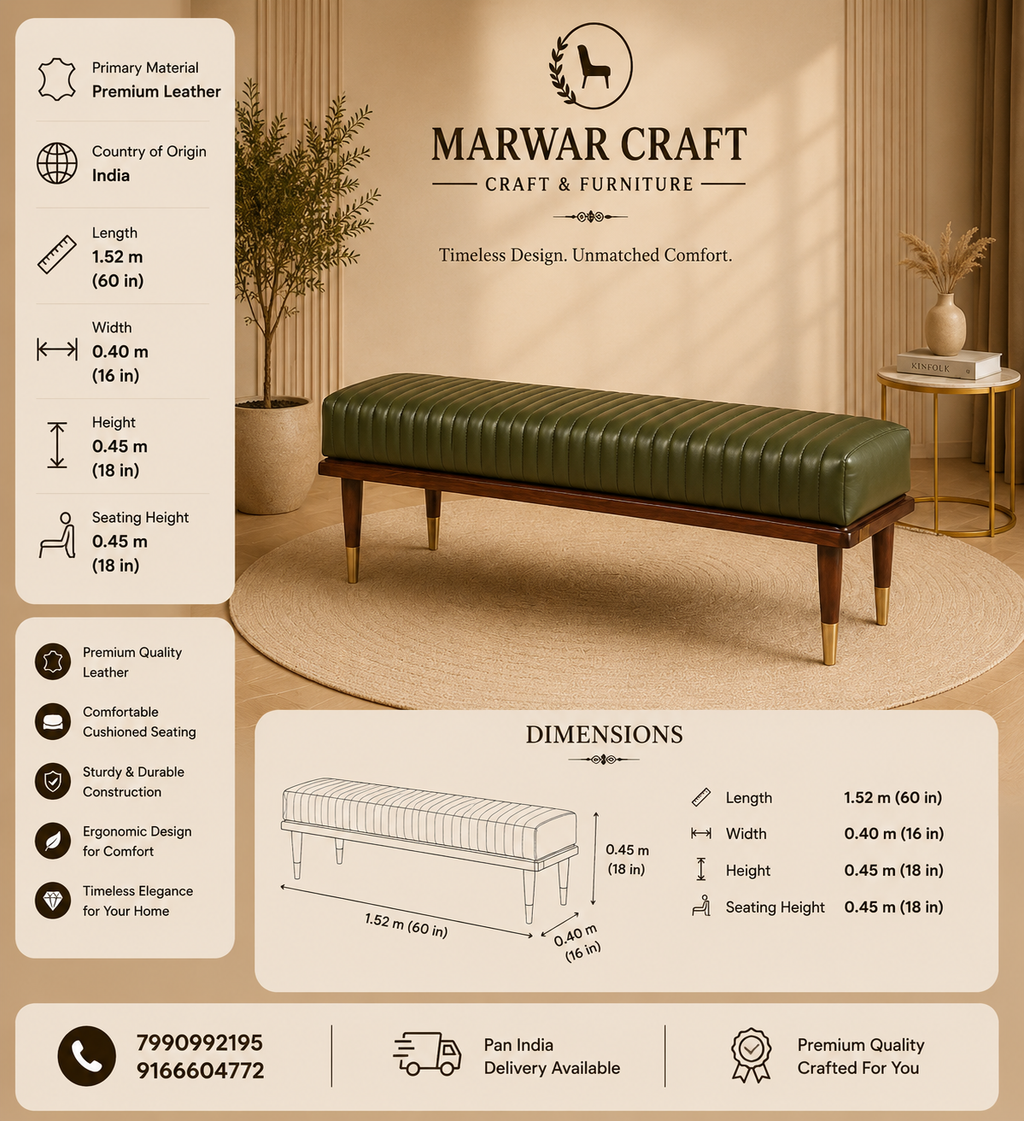 The Verona Bench – Premium Olive Green Leather Accent Bench with Solid Wood Frame