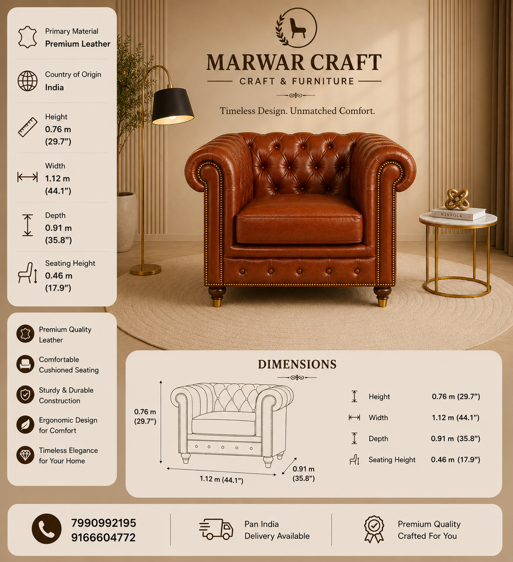 The Windsor Chesterfield Accent Chair – Premium Tan Leather Single-Seater Luxury Armchair