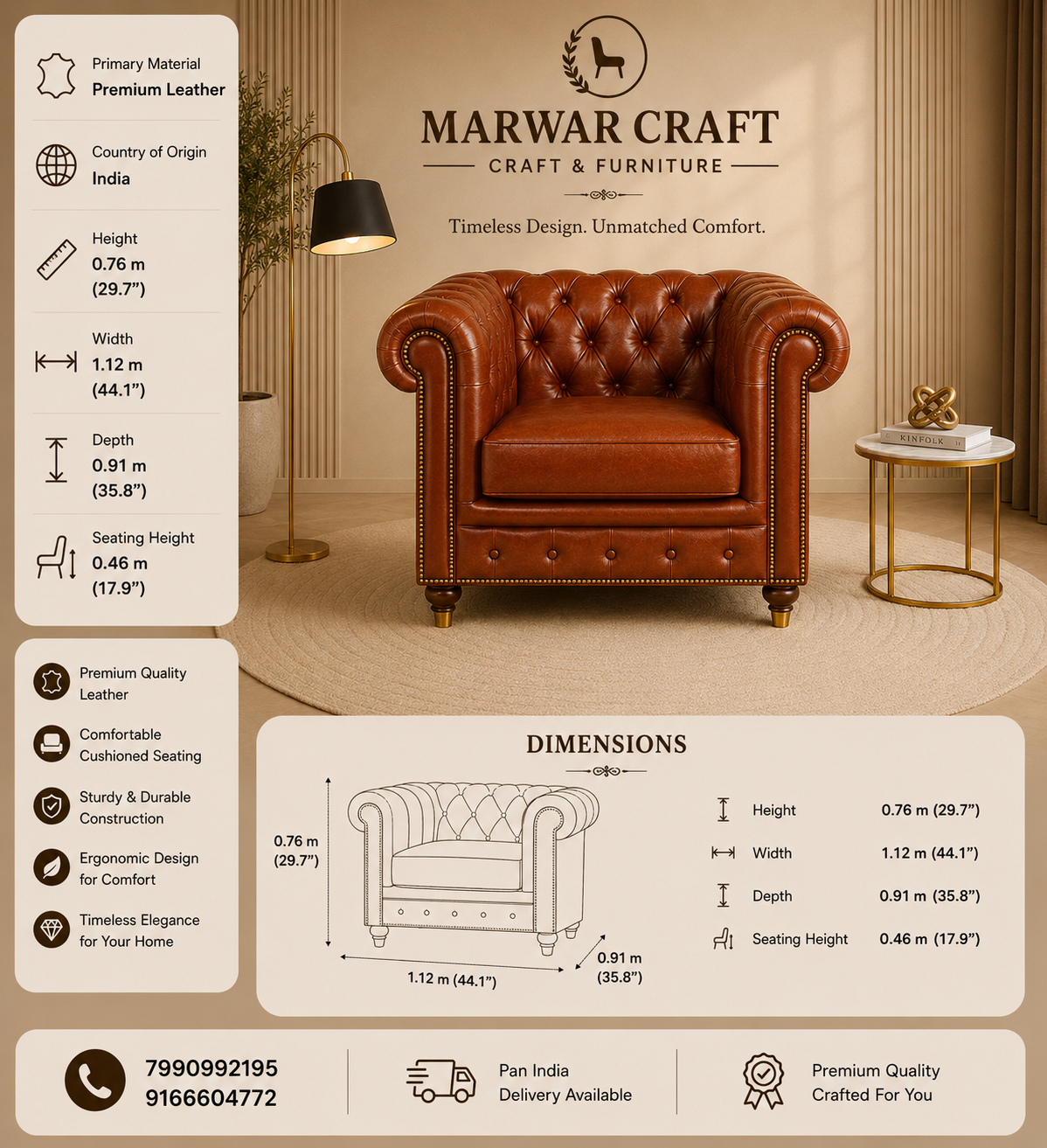 The Windsor Chesterfield Accent Chair – Premium Tan Leather Single-Seater Luxury Armchair