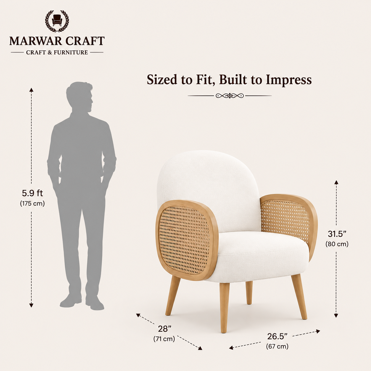 Marwar Craft Cane Accent Chair | Premium Upholstered Lounge Chair with Natural Rattan Arms