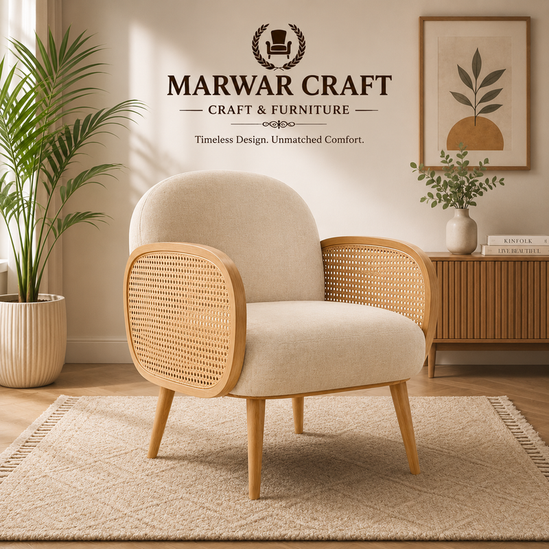 Marwar Craft Cane Accent Chair | Premium Upholstered Lounge Chair with Natural Rattan Arms