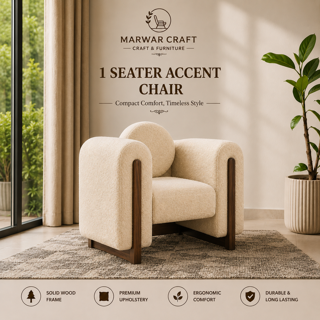Marwar Craft & Furniture Modern Bouclé Accent Chair | Single Seater Lounge Sofa Chair with Solid Wood Frame