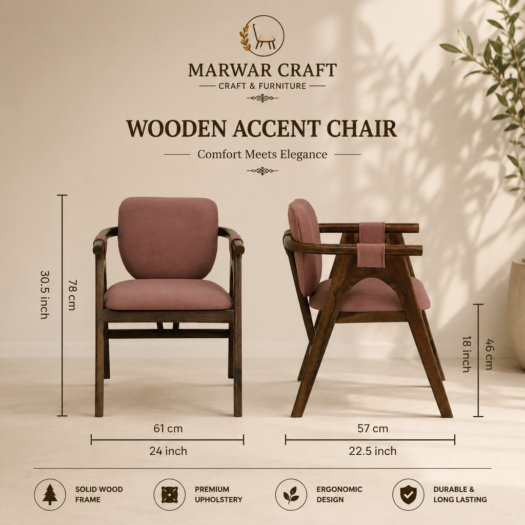 Marwar Craft Premium Wooden Accent Chair | Solid Wood Lounge Chair with Upholstered Seat & Backrest