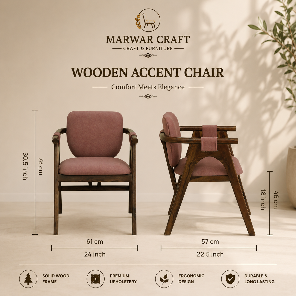 Marwar Craft Premium Wooden Accent Chair | Solid Wood Lounge Chair with Upholstered Seat & Backrest