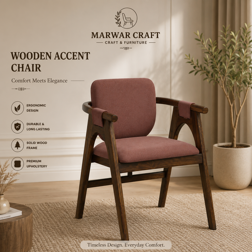 Marwar Craft Premium Wooden Accent Chair | Solid Wood Lounge Chair with Upholstered Seat & Backrest