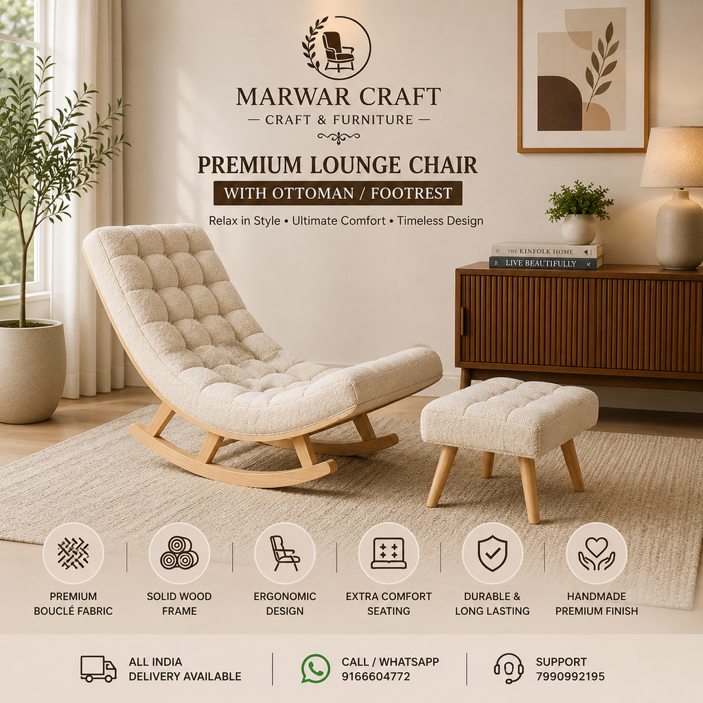 Marwar Craft Premium Lounge Chair with Ottoman | Bouclé Fabric Relax Chair & Footrest