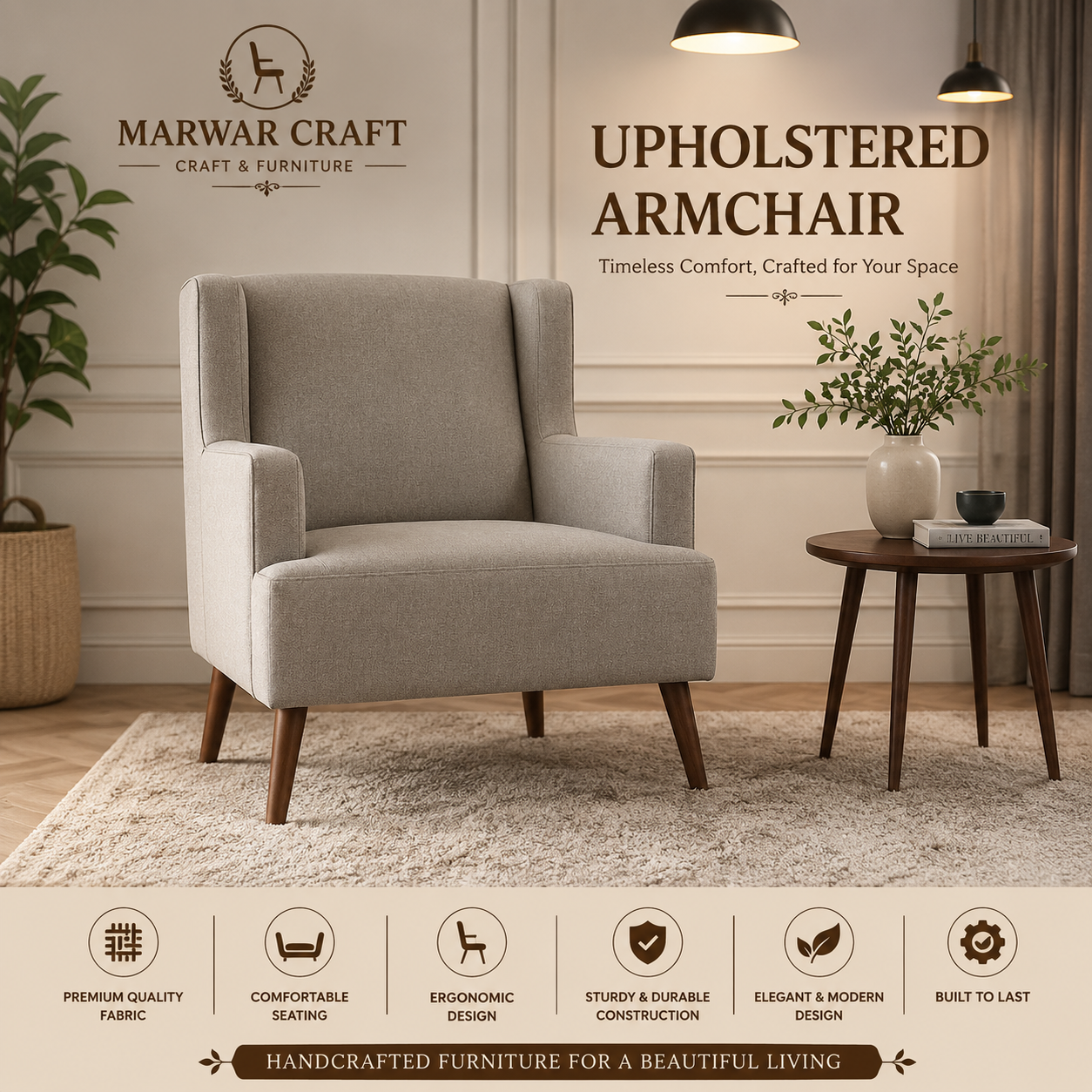 Marwar Craft Upholstered Wingback Armchair | Premium Fabric Accent Chair for Living Room & Bedroom