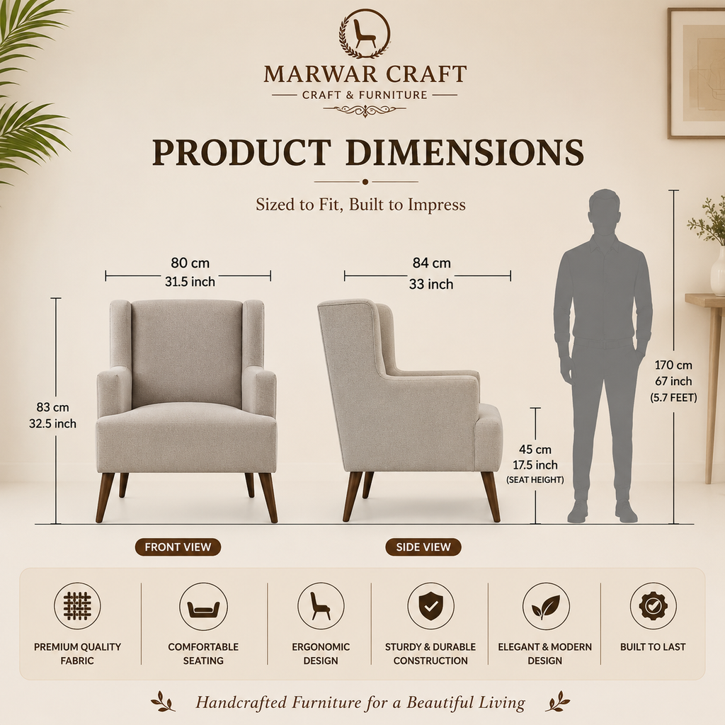 Marwar Craft Upholstered Wingback Armchair | Premium Fabric Accent Chair for Living Room & Bedroom