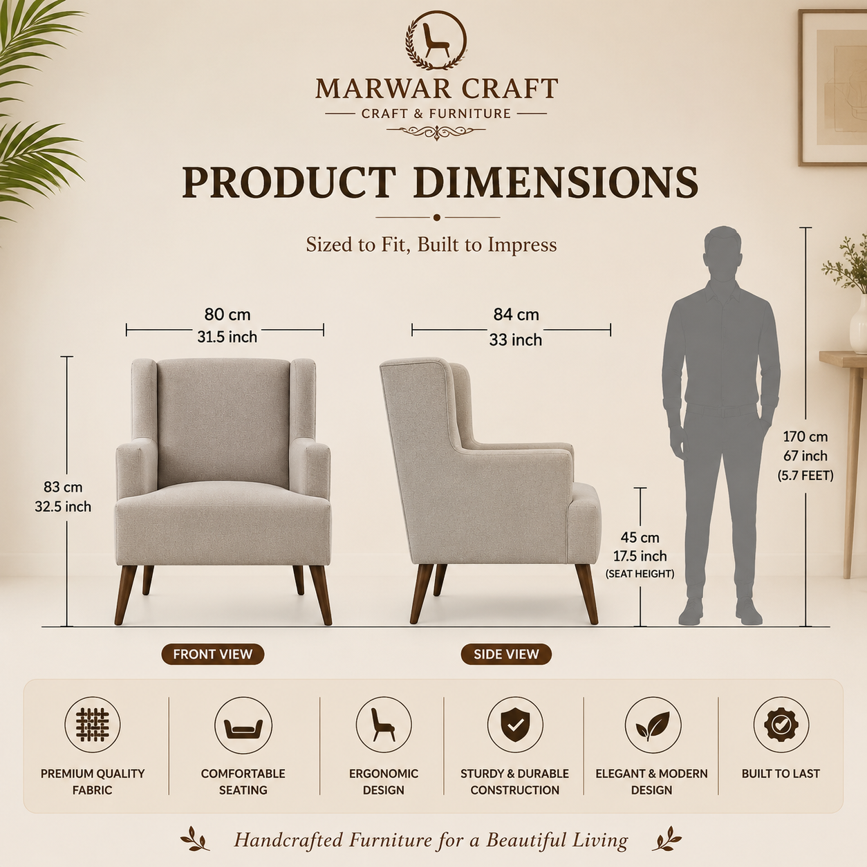 Marwar Craft Upholstered Wingback Armchair | Premium Fabric Accent Chair for Living Room & Bedroom