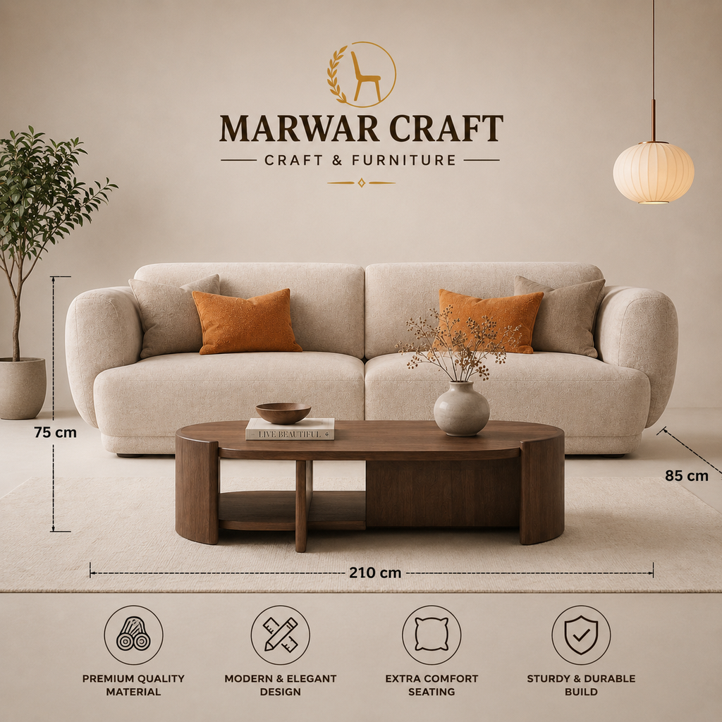 The Haven Cloud Sofa – Premium Textured Cream 3-Seater Couch with Rounded Bolster Arms