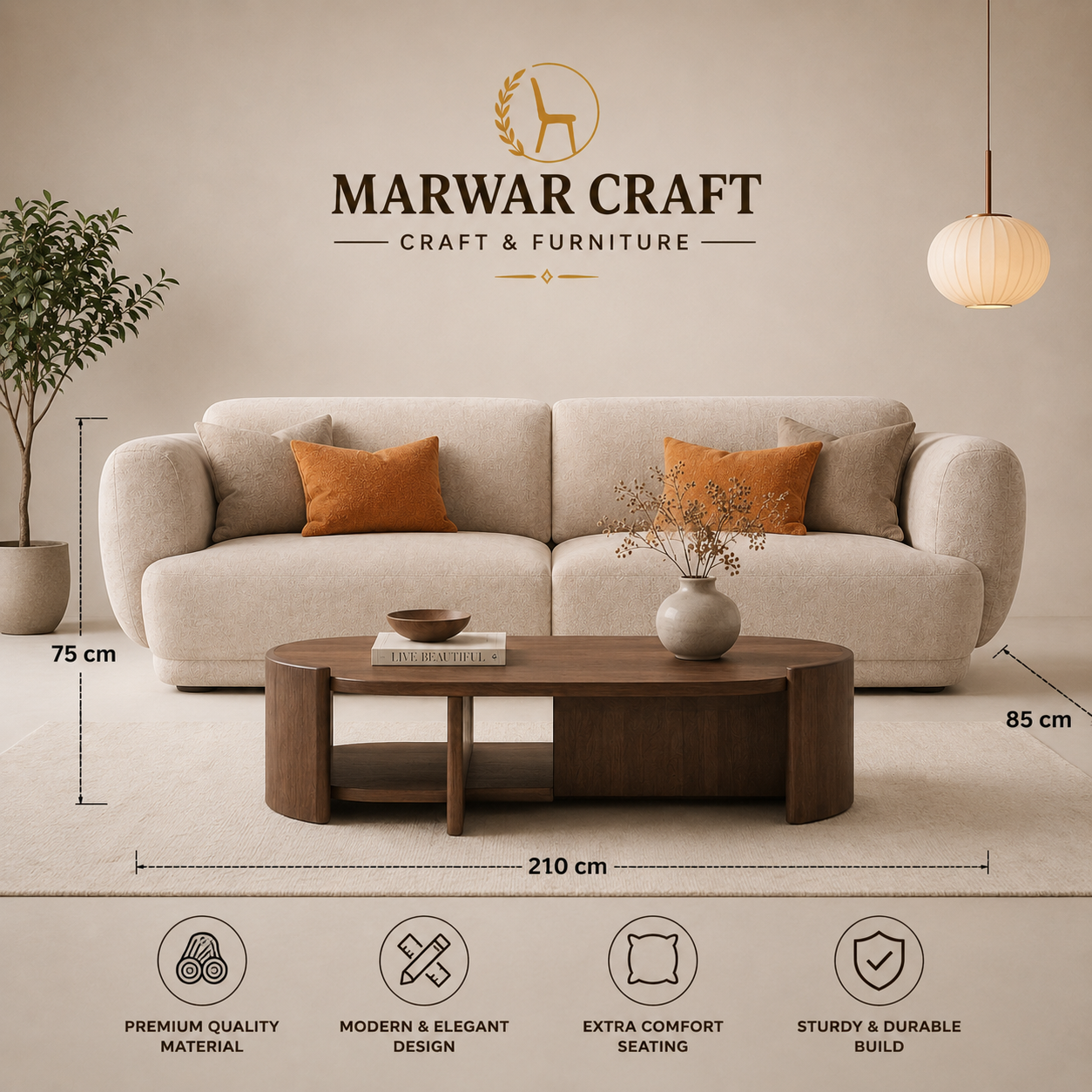The Haven Cloud Sofa – Premium Textured Cream 3-Seater Couch with Rounded Bolster Arms