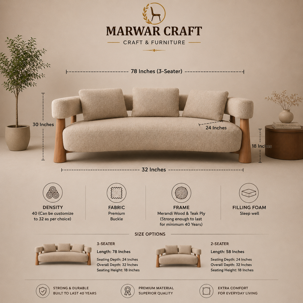 The Arc Elegance Curved Sofa – Premium Boucle 3-Seater Couch with Exposed Wooden Pillar Legs