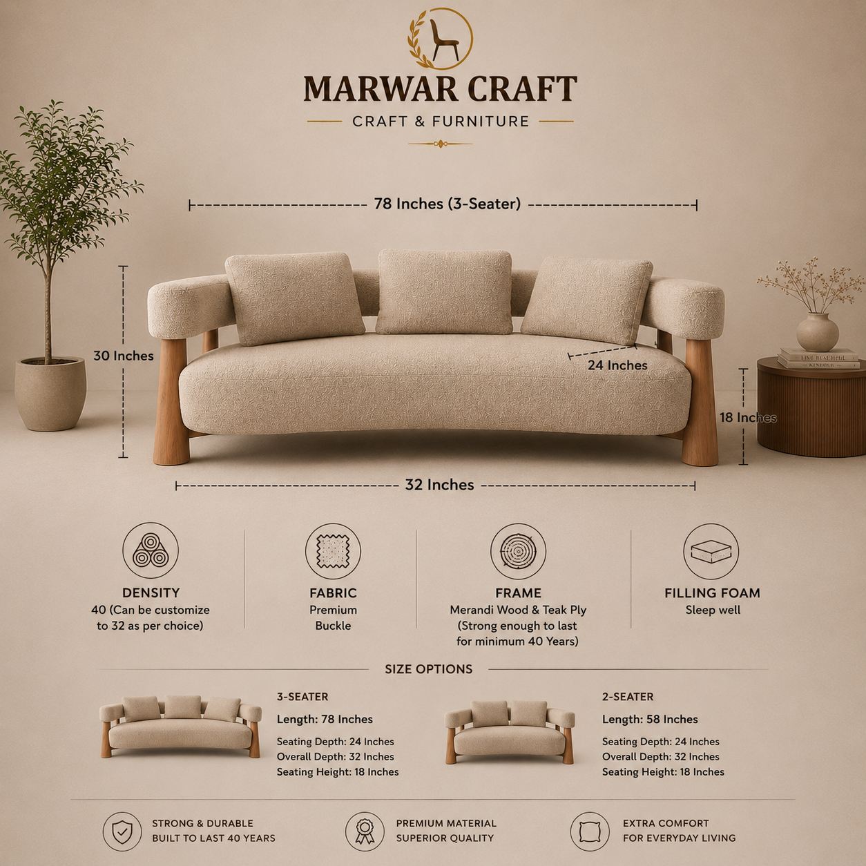 The Arc Elegance Curved Sofa – Premium Boucle 3-Seater Couch with Exposed Wooden Pillar Legs