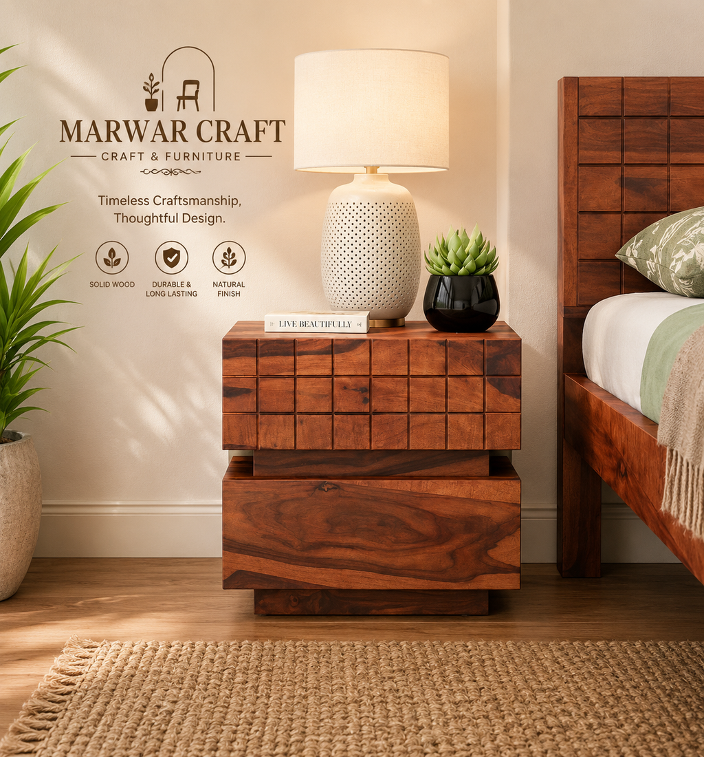 Cnc Square Solid Wood Bedside Table in Teak Finish - Marwar Craft & Furniture