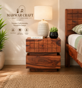 Cnc Square Solid Wood Bedside Table in Teak Finish - Marwar Craft & Furniture
