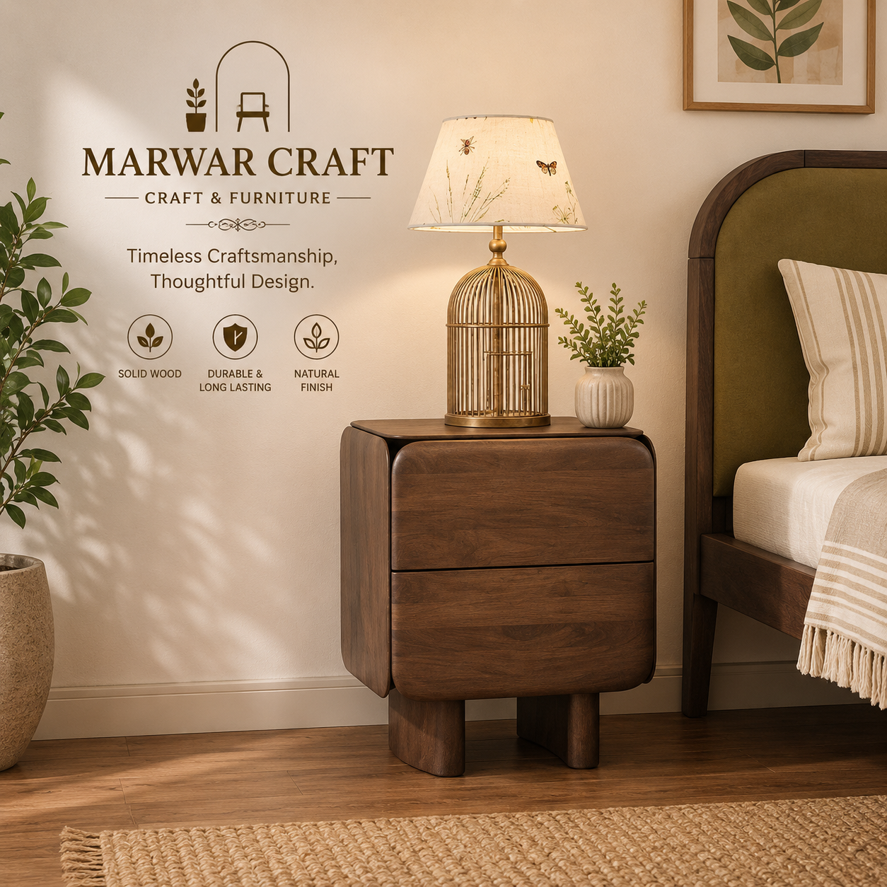 Olen Solid Wood Bedside Table In Danish Walnut Finish - Marwar Craft & Furniture